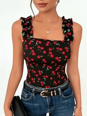 Black Cherry Print Ruffled Strap Tank Top